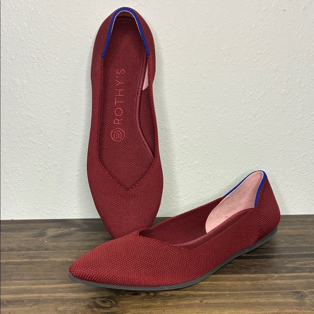 Rothy's Pointed Knit Ballet Flat in Deep Burgundy with Blue Trim